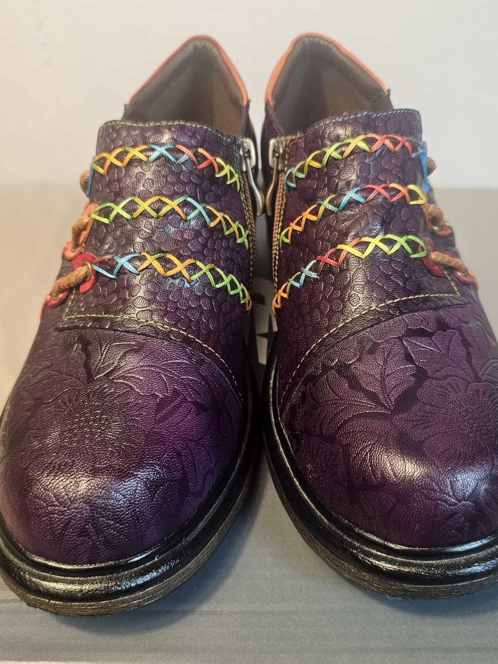 Soffia Rainbow Stitch Embossed Purple Leather Loafers Oxfords